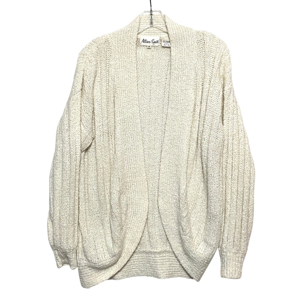 VTG Allison Smith White Acrylic Open Cardigan Sweater Womens M Classic Preppy